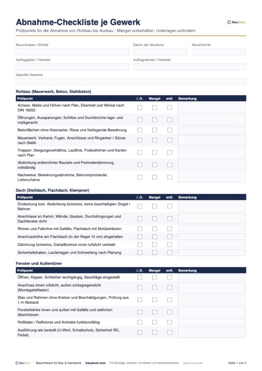 Vorschau: Abnahme Checkliste Gewerke – kostenlos als PDF herunterladen
