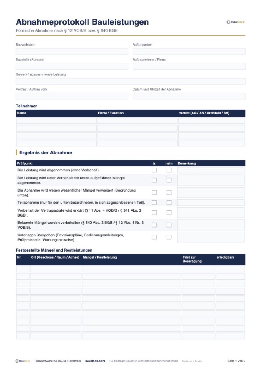 Vorschau: Abnahmeprotokoll Vorlage – kostenlos als PDF herunterladen