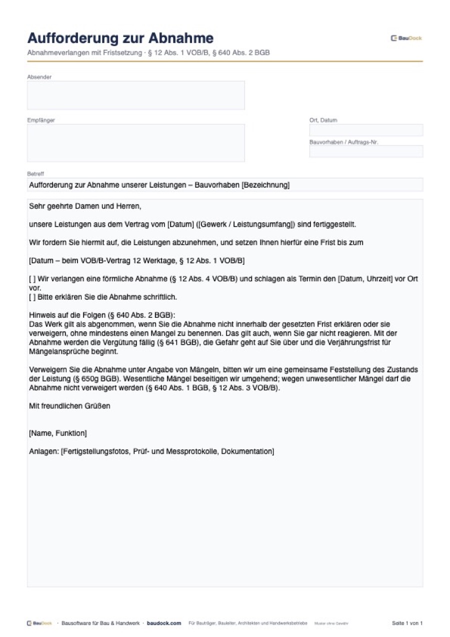 Vorschau: Aufforderung zur Abnahme Muster – kostenlos als PDF und Word herunterladen
