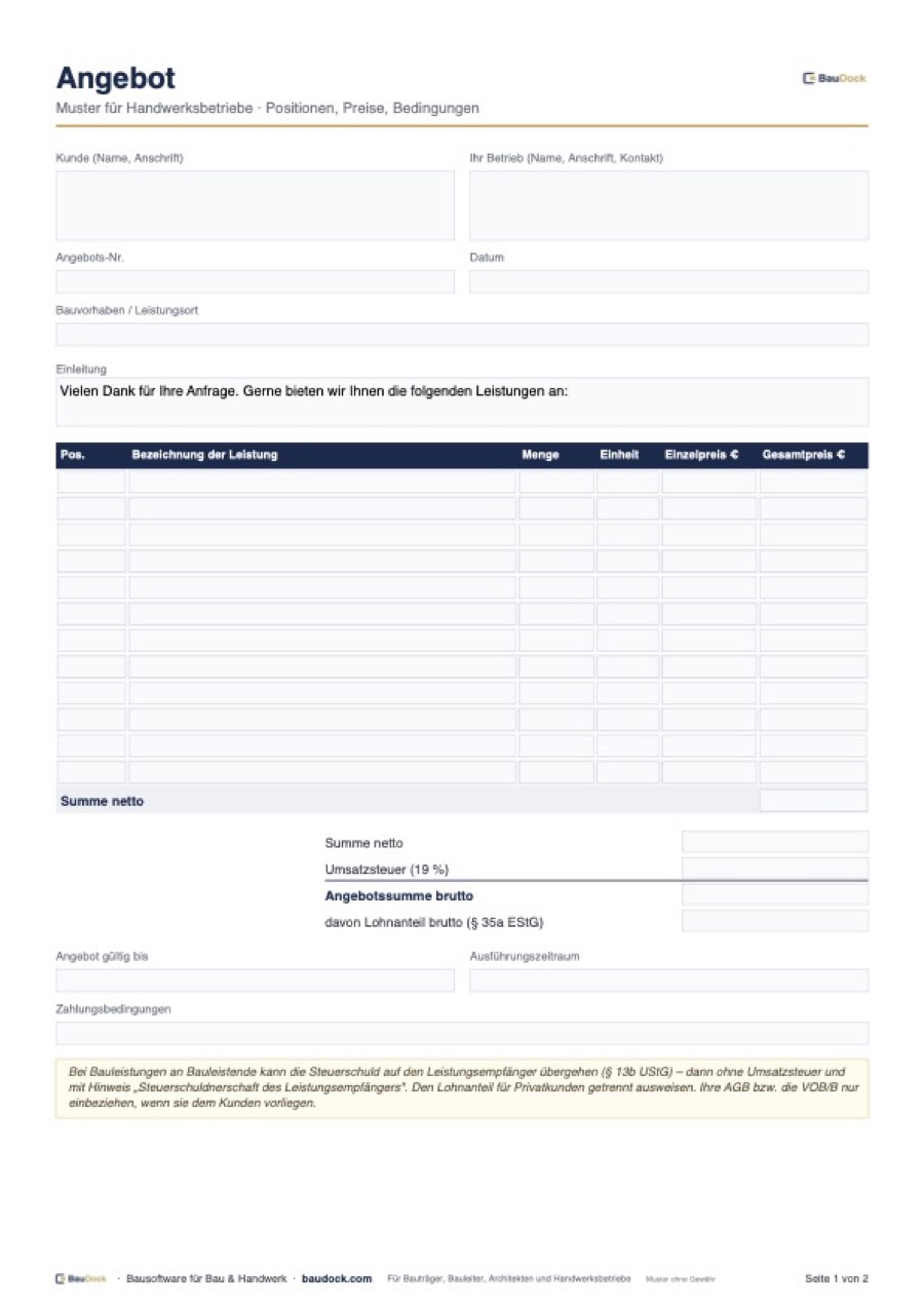 Vorschau: Angebot Muster für Handwerker – kostenlos als Excel herunterladen
