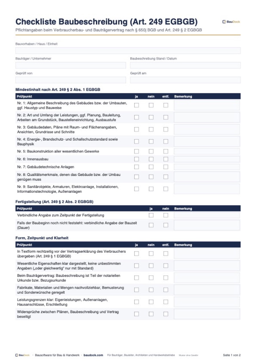 Vorschau: Baubeschreibung Checkliste Bauträger – kostenlos als PDF herunterladen