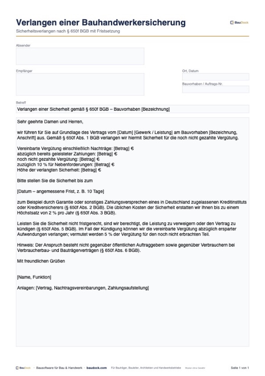 Vorschau: Bauhandwerkersicherung Muster – kostenlos als PDF und Word herunterladen