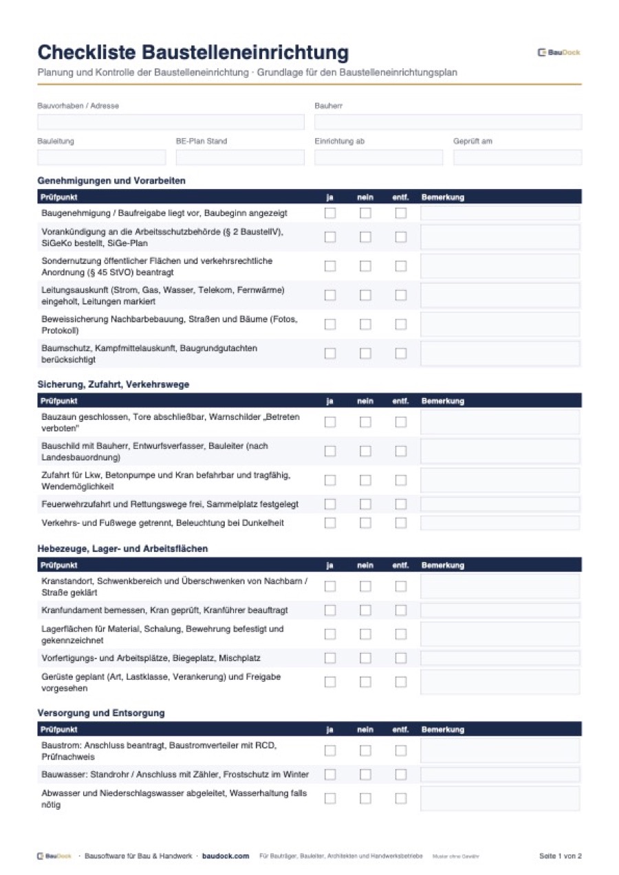 Vorschau: Baustelleneinrichtung Checkliste – kostenlos als PDF herunterladen
