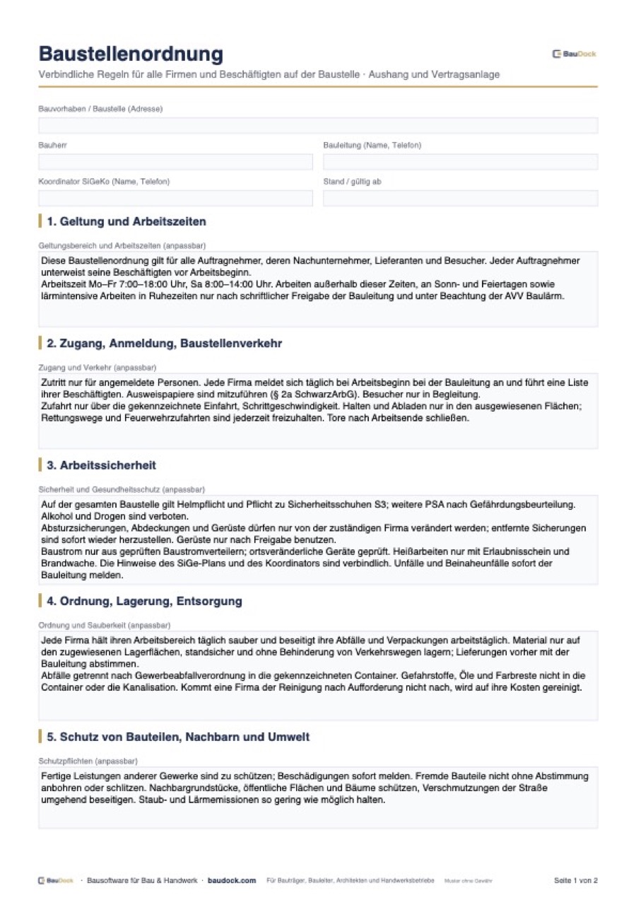 Vorschau: Baustellenordnung Muster – kostenlos als PDF herunterladen