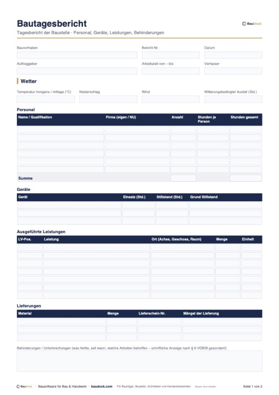 Vorschau: Bautagesbericht Vorlage – kostenlos als Excel und PDF herunterladen