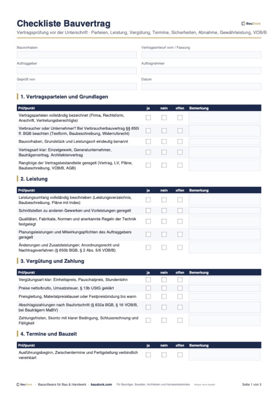 Vorschau: Bauvertrag Checkliste – kostenlos als PDF herunterladen