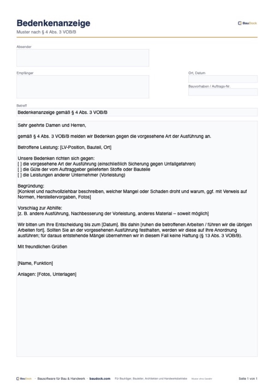 Vorschau: Bedenkenanzeige Muster (VOB/B) – kostenlos als PDF und Word herunterladen