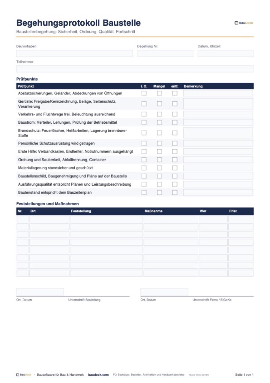 Vorschau: Begehungsprotokoll Vorlage – kostenlos als PDF herunterladen
