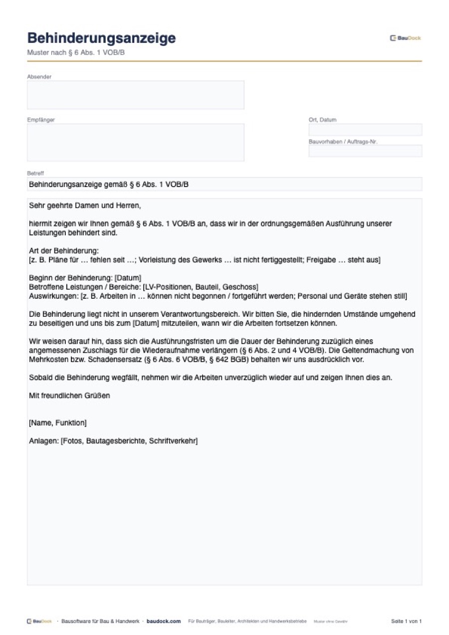 Vorschau: Behinderungsanzeige Muster (VOB/B) – kostenlos als PDF und Word herunterladen