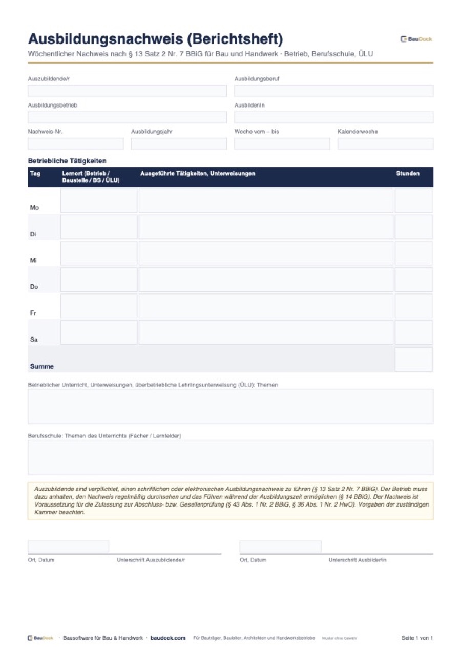 Vorschau: Berichtsheft Vorlage – kostenlos als PDF und Excel herunterladen