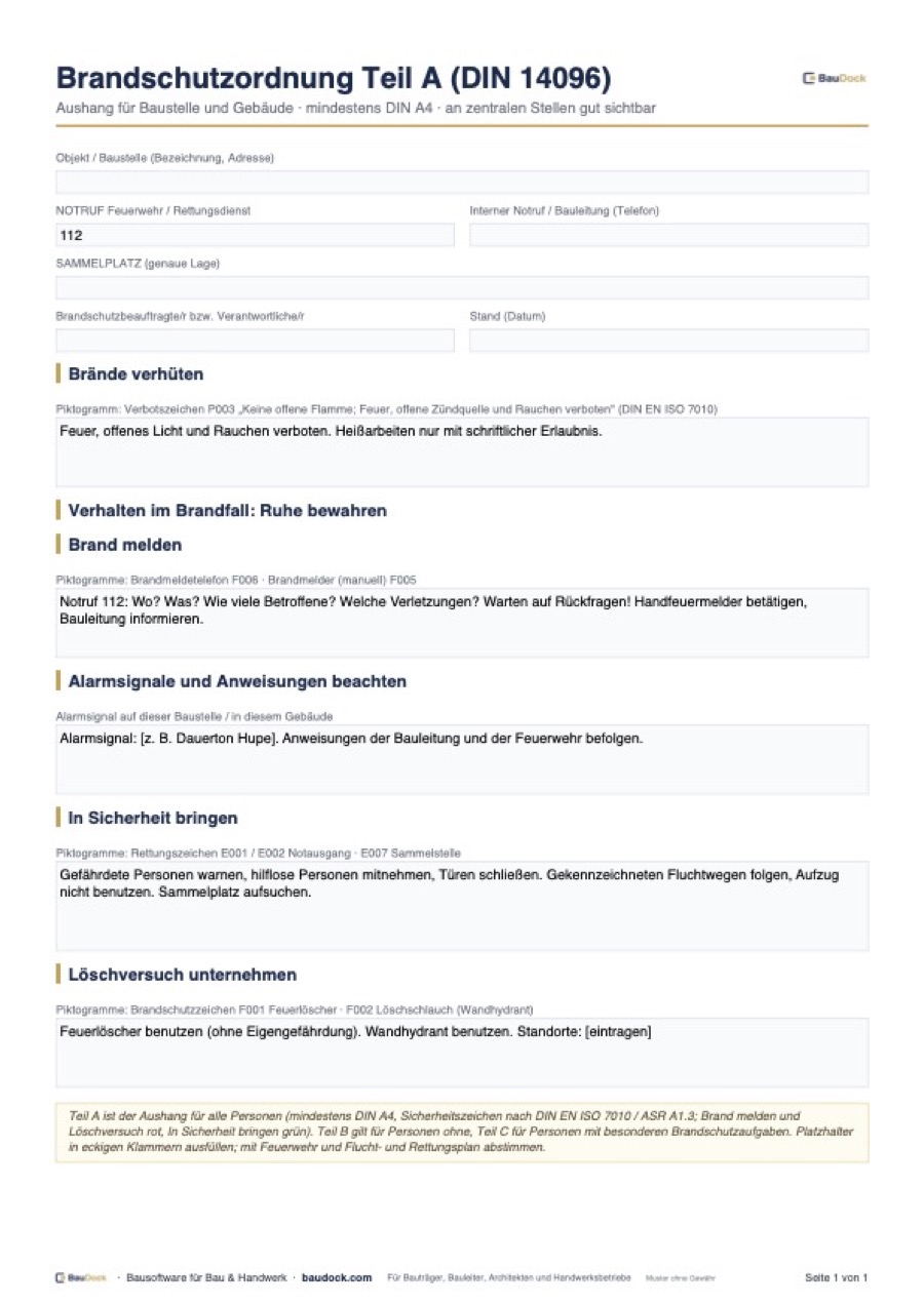 Vorschau: Brandschutzordnung Teil A Vorlage – kostenlos als PDF herunterladen