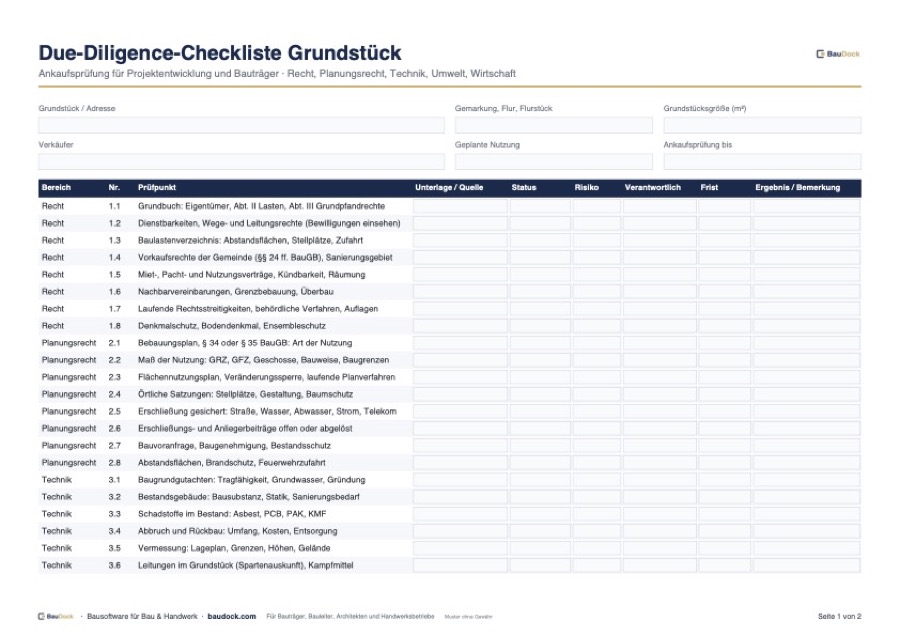 Vorschau: Due Diligence Checkliste Grundstück – kostenlos als Excel herunterladen