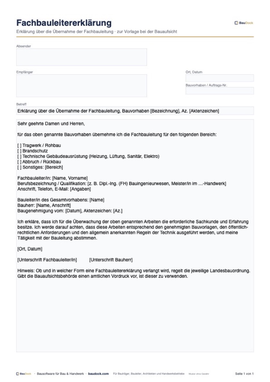 Vorschau: Fachbauleitererklärung Vorlage – kostenlos als PDF und Word herunterladen