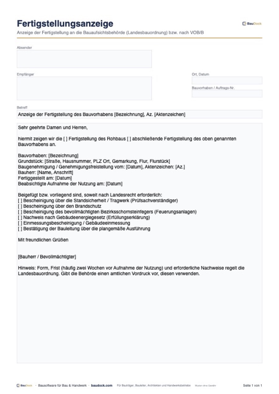 Vorschau: Fertigstellungsanzeige Formular – kostenlos als PDF und Word herunterladen