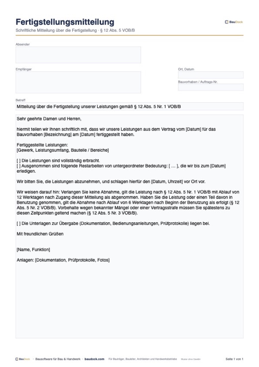 Vorschau: Fertigstellungsmitteilung Muster – kostenlos als PDF und Word herunterladen