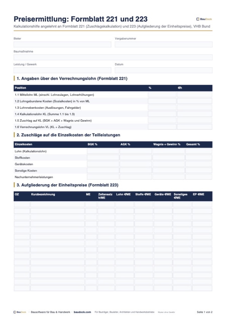 Vorschau: Formblatt 221 und 223 Vorlage – kostenlos als Excel herunterladen