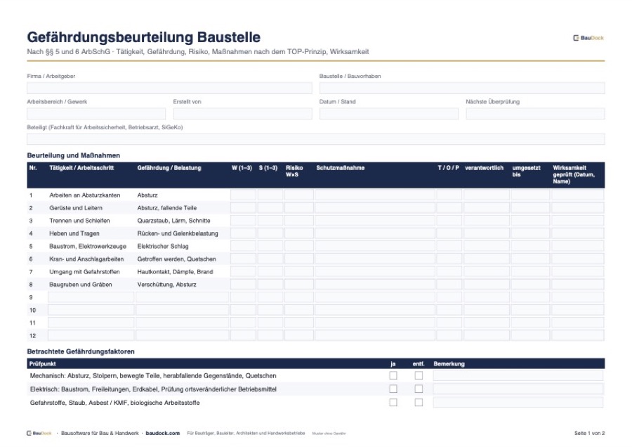 Vorschau: Gefährdungsbeurteilung Baustelle Vorlage – kostenlos als Excel und PDF herunterladen