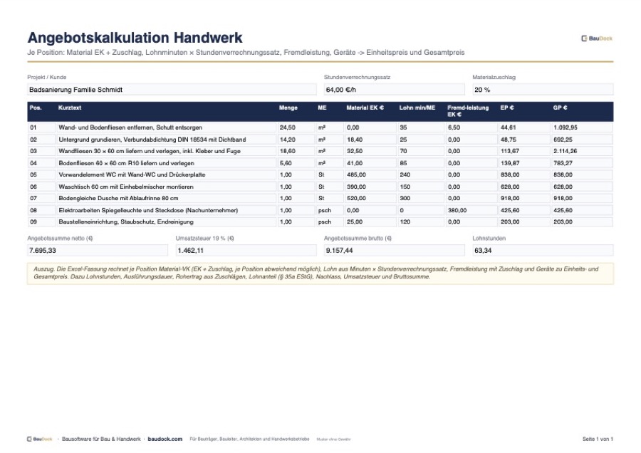 Vorschau: Kalkulation Handwerk Vorlage – kostenlos als Excel herunterladen