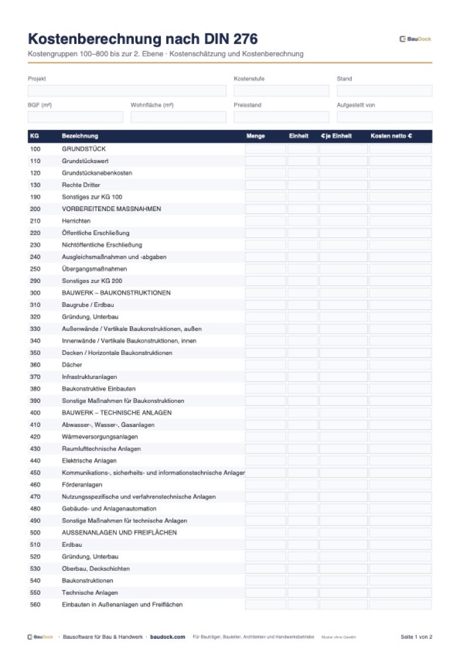 Vorschau: Kostenberechnung nach DIN 276 Vorlage – kostenlos als Excel herunterladen