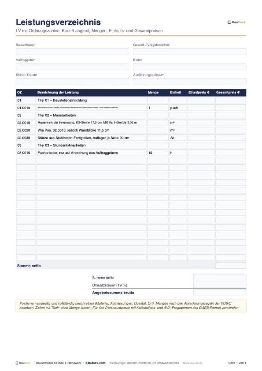 Vorschau: Leistungsverzeichnis Vorlage (LV Muster) – kostenlos als Excel herunterladen