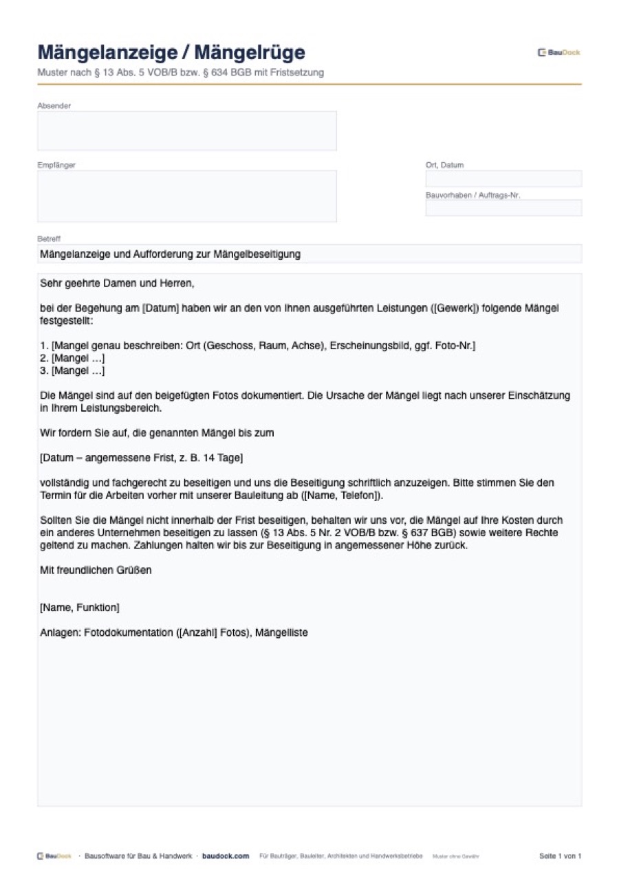 Vorschau: Mängelanzeige Muster – kostenlos als PDF und Word herunterladen