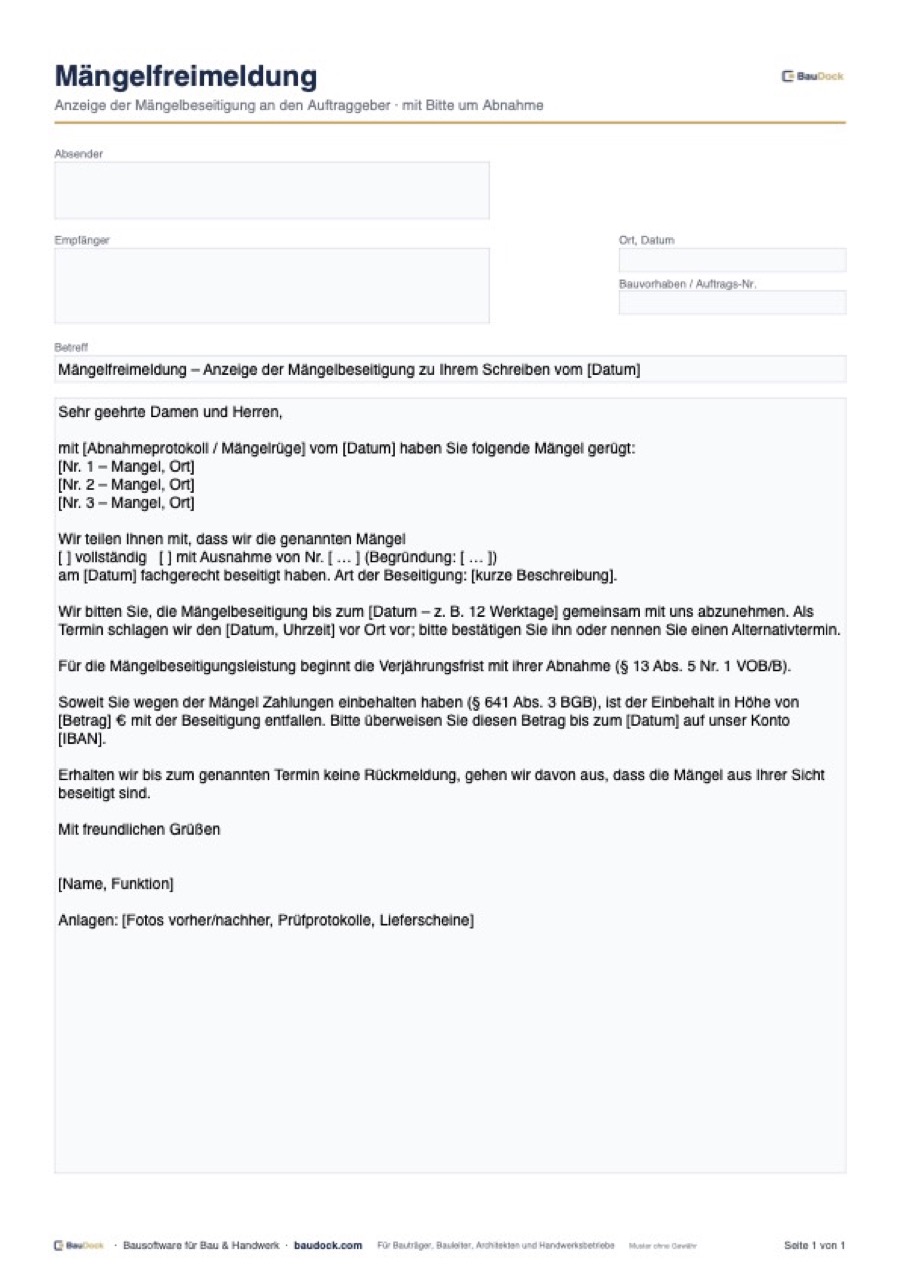 Vorschau: Mängelfreimeldung Muster – kostenlos als PDF und Word herunterladen