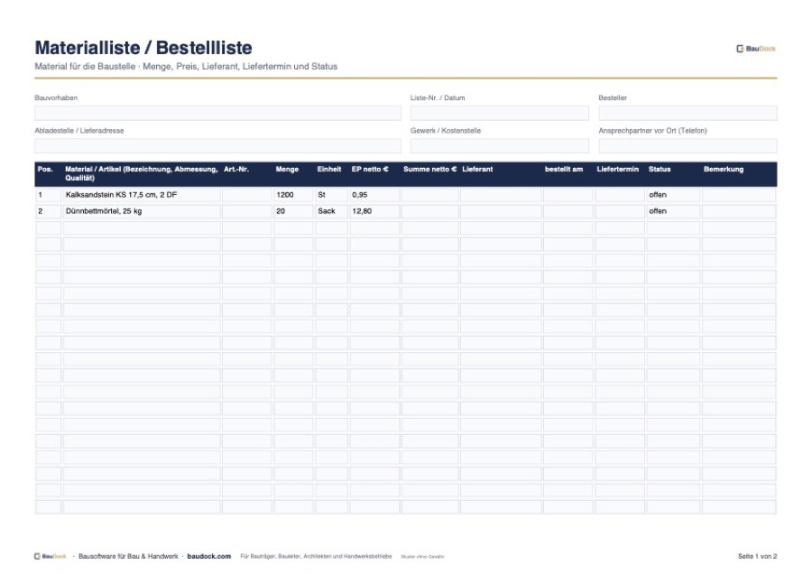 Vorschau: Materialliste Vorlage – kostenlos als Excel herunterladen