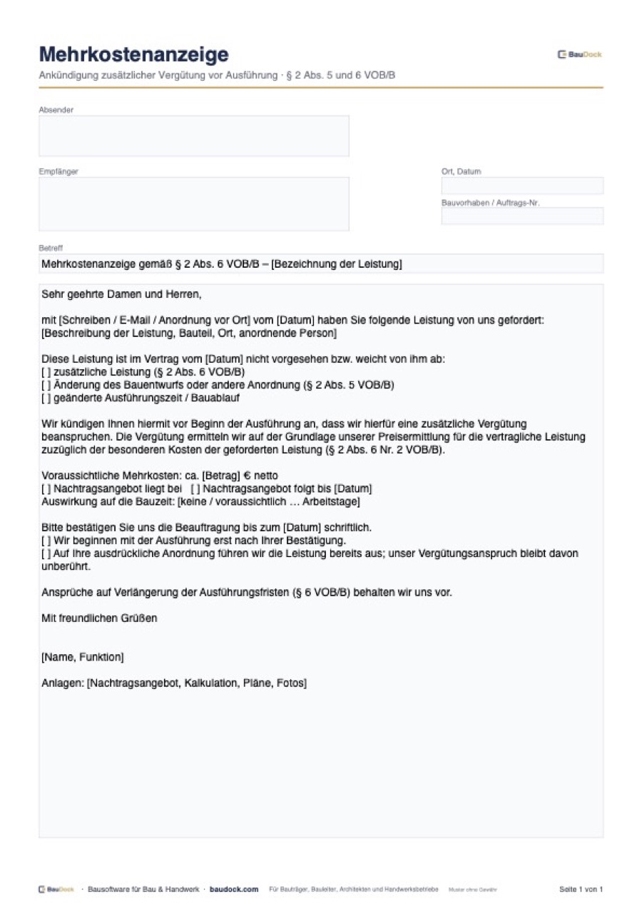 Vorschau: Mehrkostenanzeige Muster – kostenlos als PDF und Word herunterladen