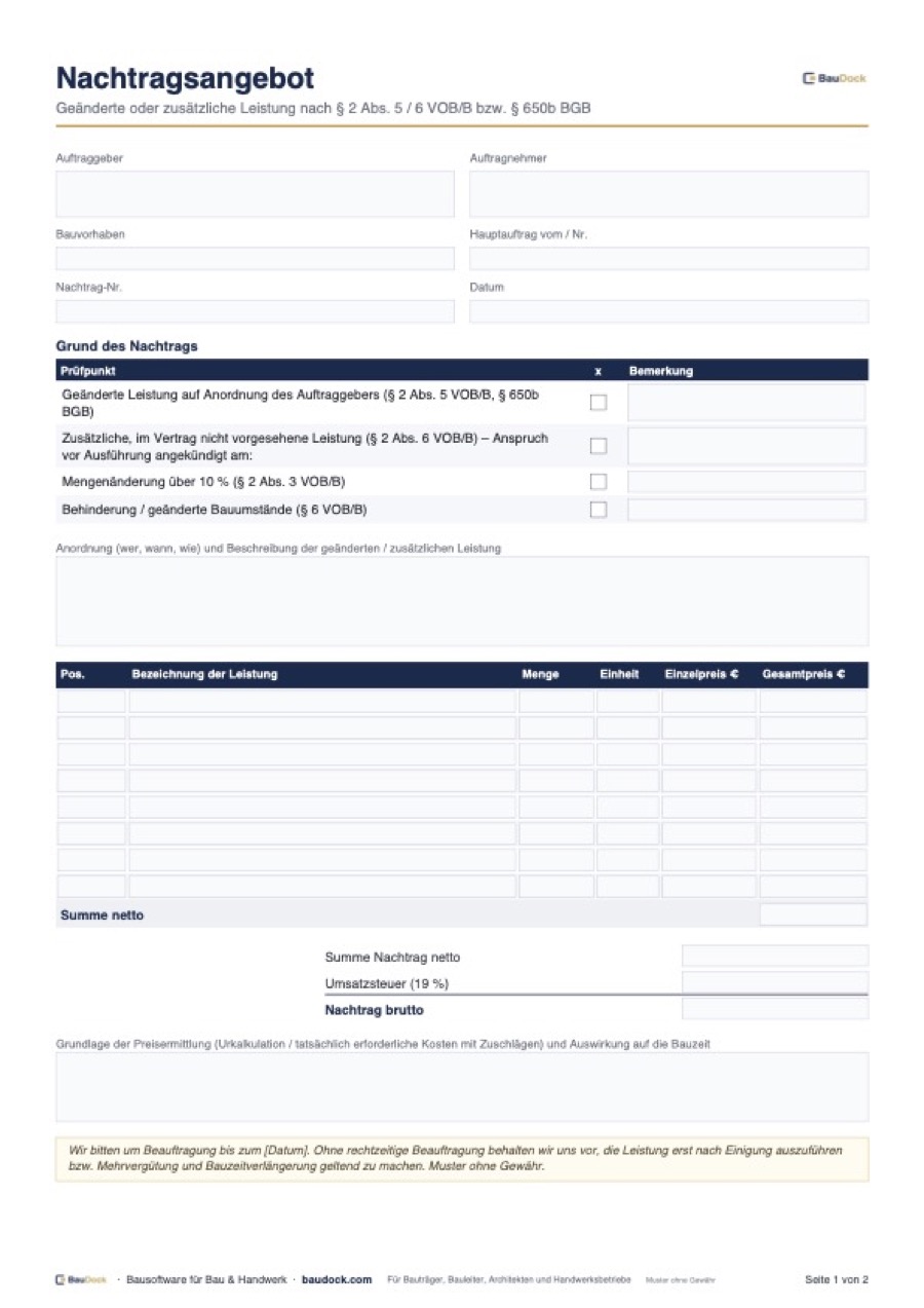 Vorschau: Nachtragsangebot Muster – kostenlos als Excel herunterladen