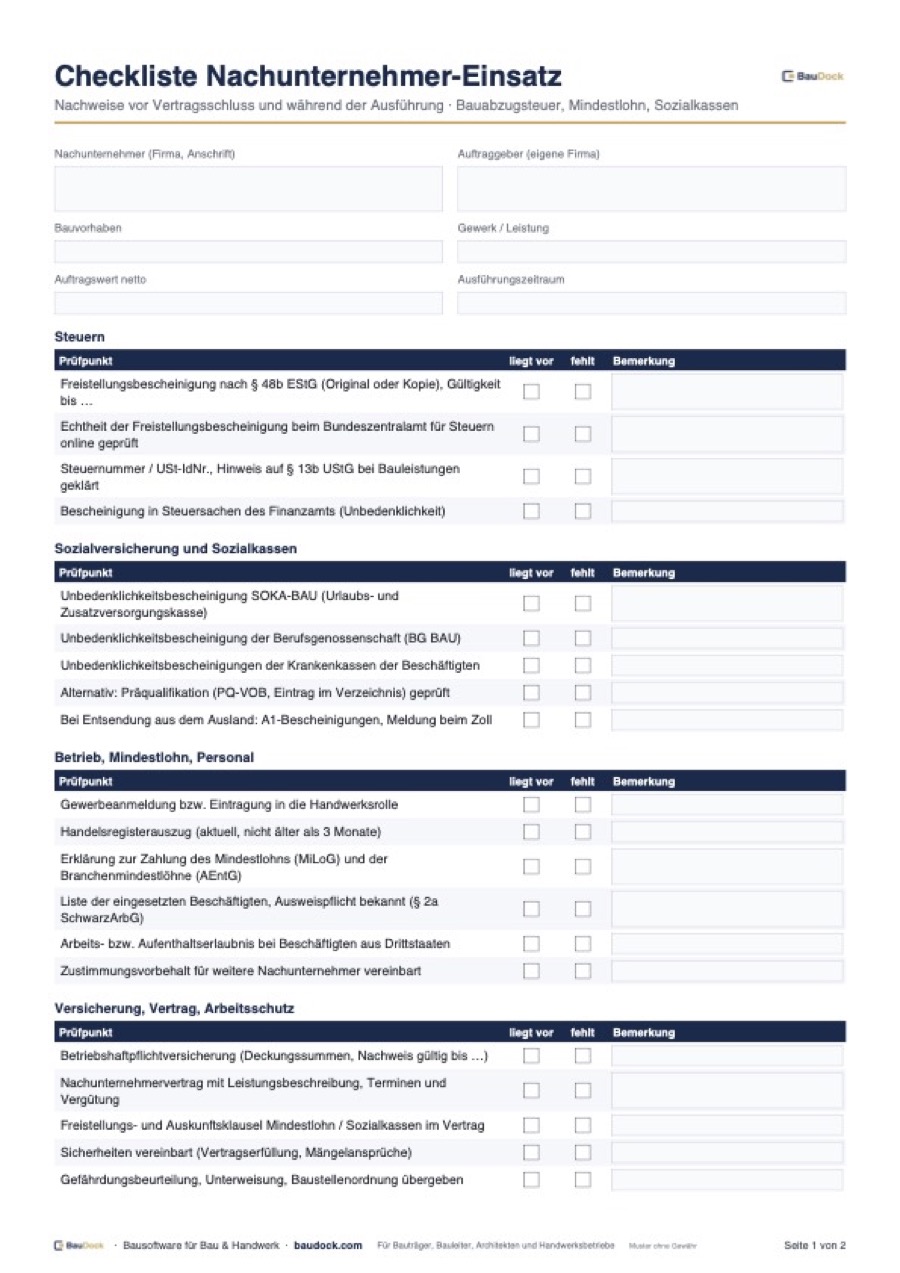 Vorschau: Nachunternehmer Checkliste – kostenlos als PDF herunterladen