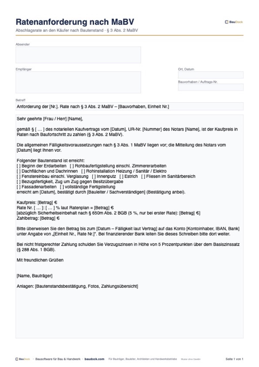 Vorschau: Ratenanforderung MaBV Muster – kostenlos als PDF und Word herunterladen