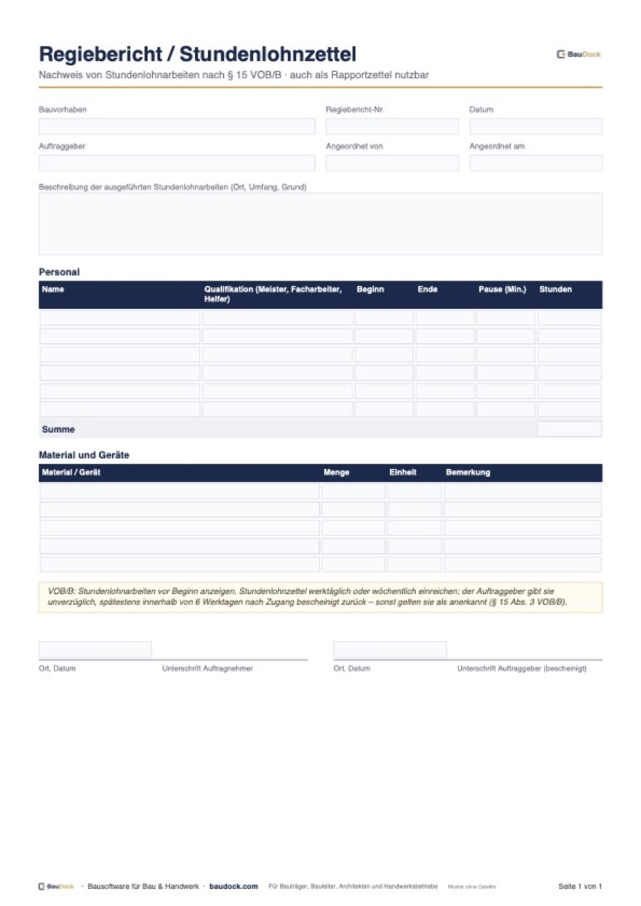 Vorschau: Regiebericht Vorlage (Rapportzettel) – kostenlos als PDF herunterladen