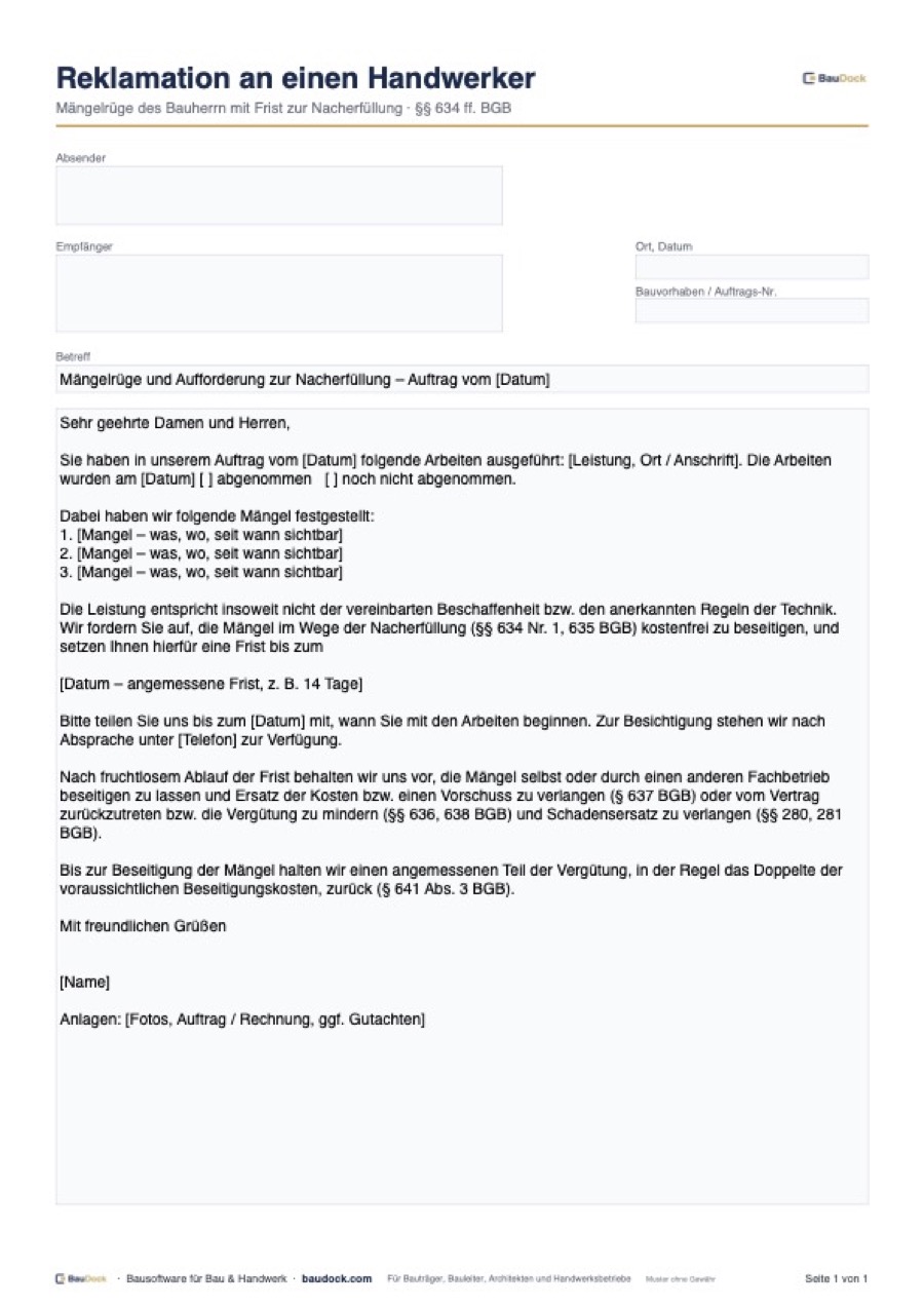 Vorschau: Reklamation Handwerker Muster – kostenlos als PDF und Word herunterladen