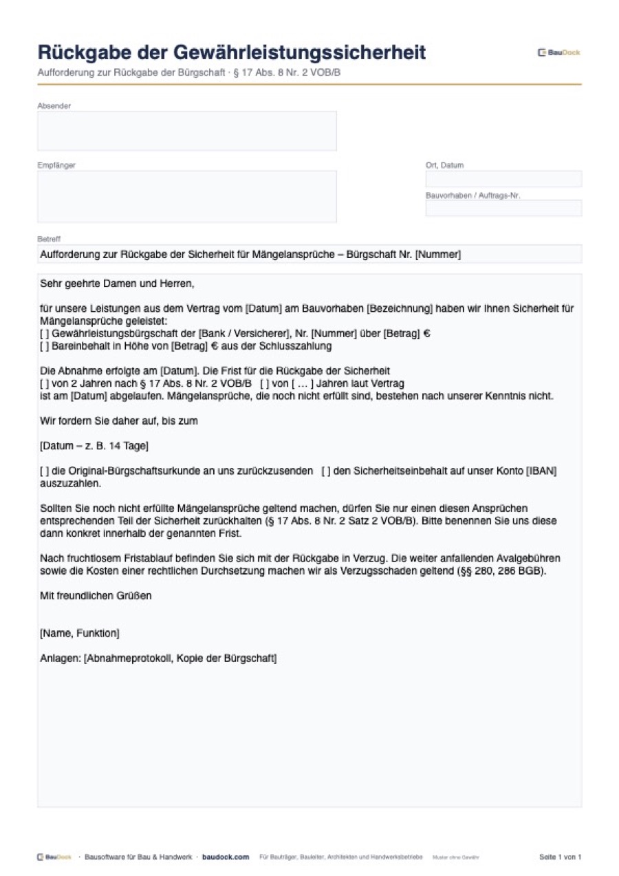 Vorschau: Rückgabe der Gewährleistungsbürgschaft Muster – kostenlos als PDF und Word herunterladen