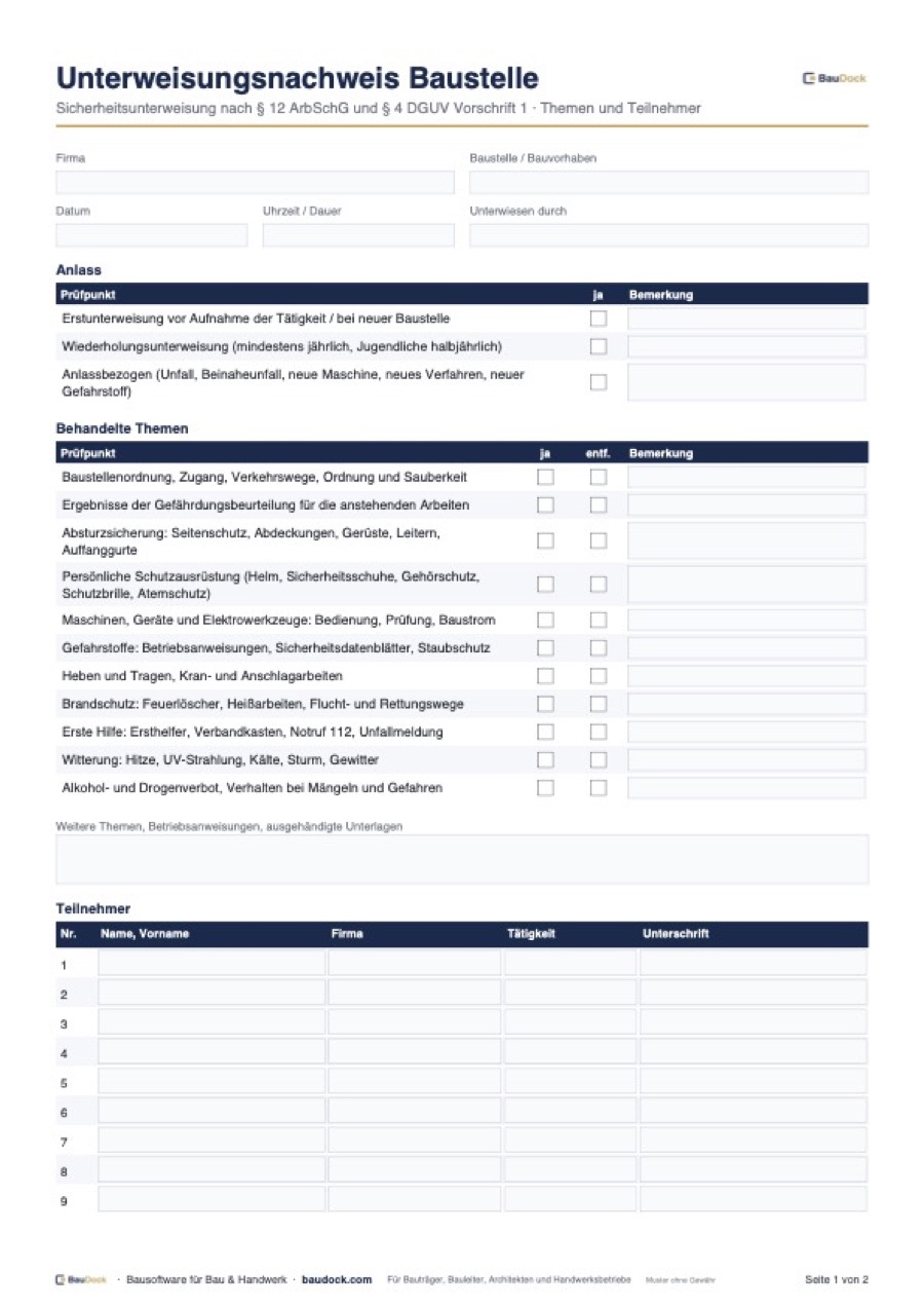 Vorschau: Sicherheitsunterweisung Vorlage – kostenlos als PDF herunterladen
