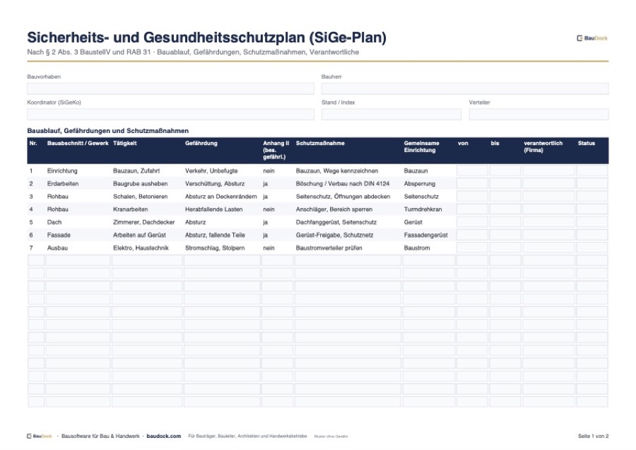 Vorschau: SiGe-Plan Vorlage – kostenlos als Excel herunterladen