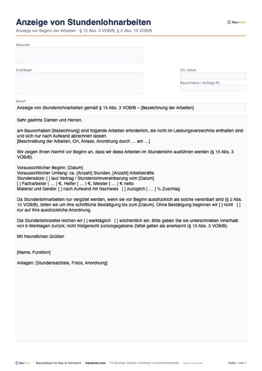 Vorschau: Stundenlohnarbeiten Anzeige Muster – kostenlos als PDF und Word herunterladen