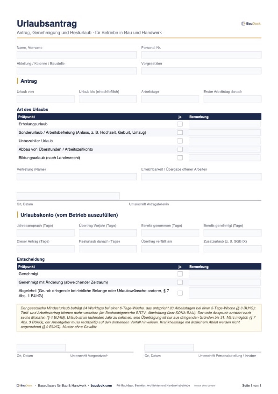 Vorschau: Urlaubsantrag Vorlage – kostenlos als PDF herunterladen