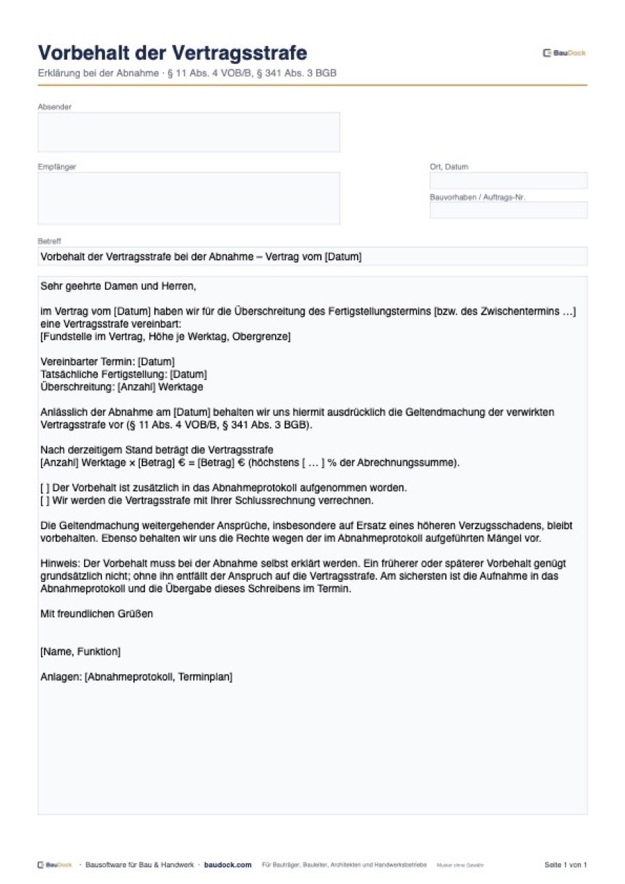 Vorschau: Vorbehalt der Vertragsstrafe Muster – kostenlos als PDF und Word herunterladen