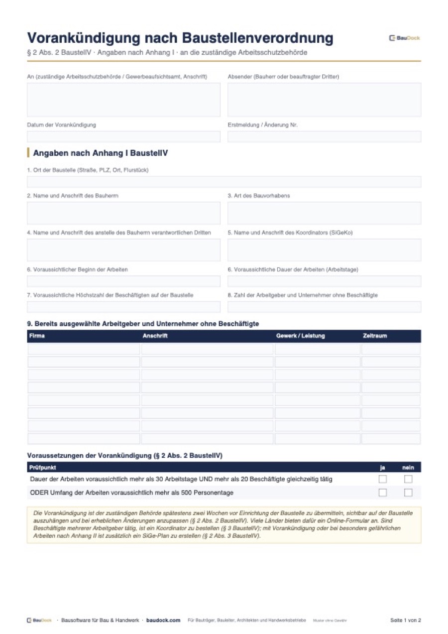 Vorschau: Vorankündigung nach Baustellenverordnung Formular – kostenlos als PDF herunterladen