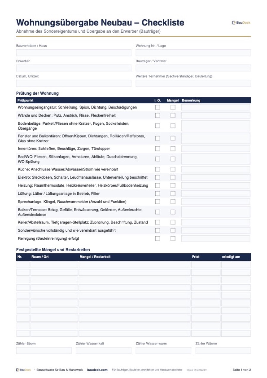 Vorschau: Wohnungsübergabe Neubau Checkliste – kostenlos als PDF herunterladen