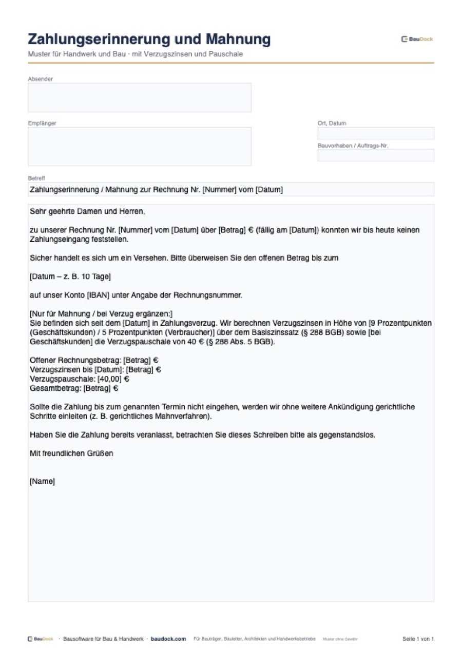 Vorschau: Mahnung Muster für Handwerker – kostenlos als PDF und Word herunterladen