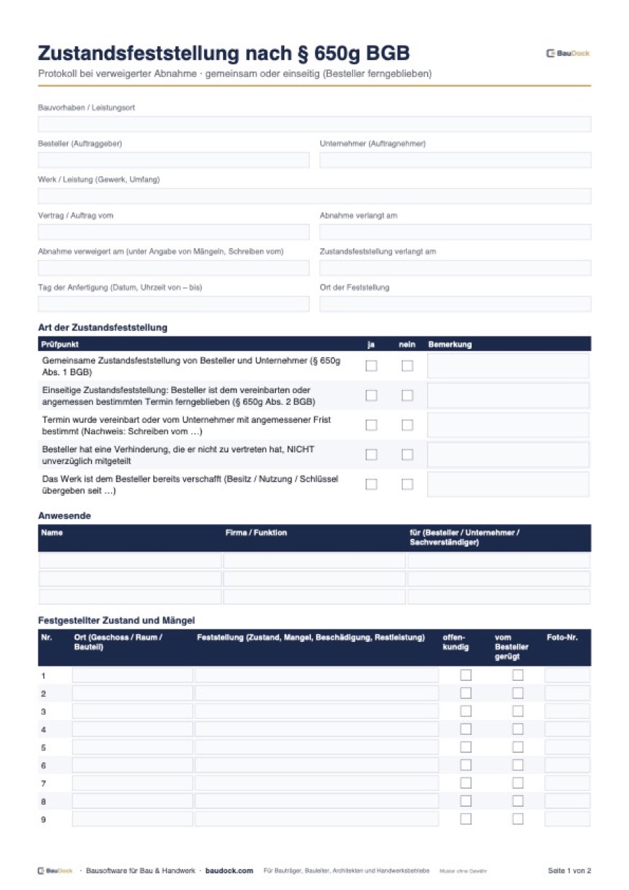 Vorschau: Zustandsfeststellung nach § 650g BGB Vorlage – kostenlos als PDF herunterladen