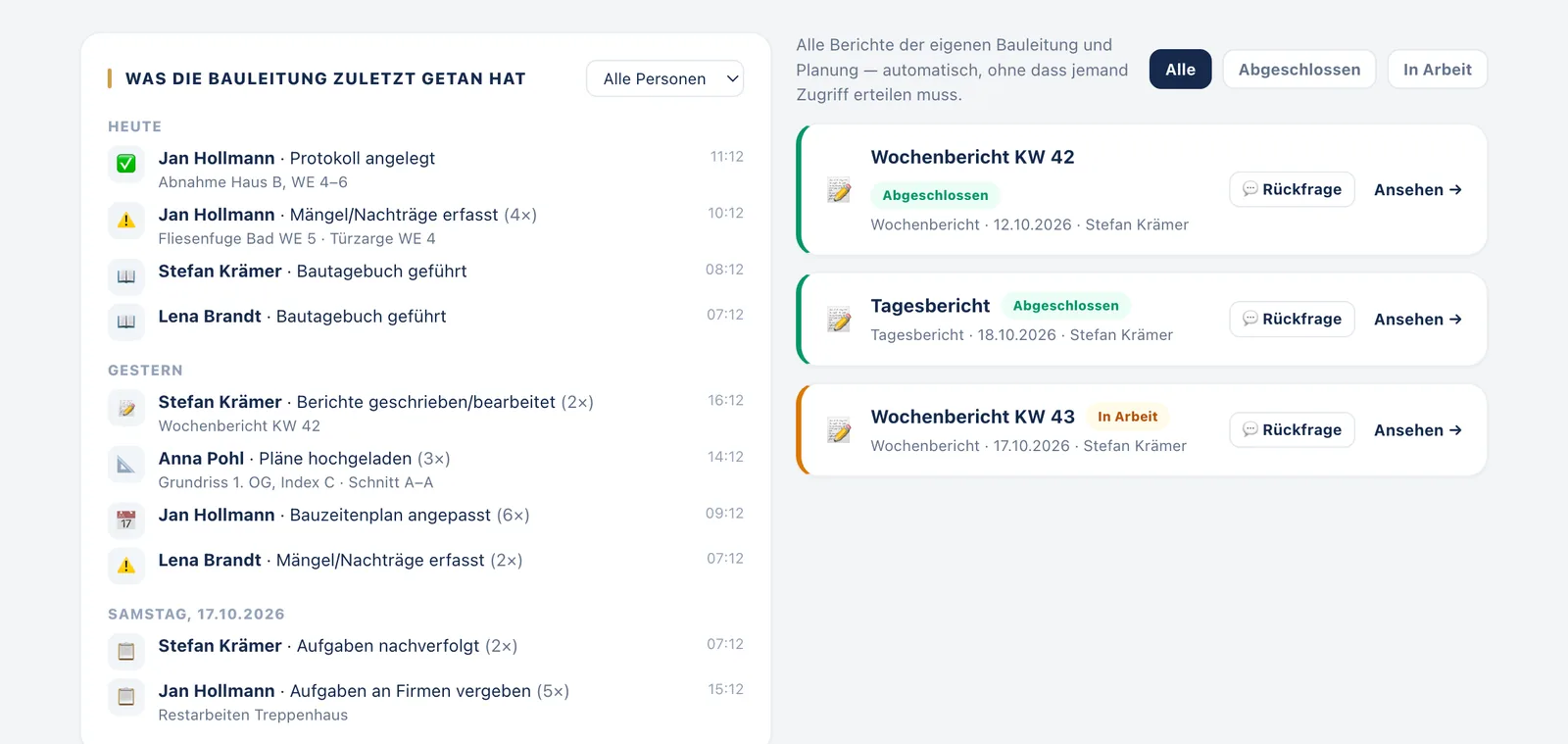Aktivitäten der Bauleitung in einer Bauleiter App: Protokoll angelegt, Mängel erfasst, Bautagebuch geführt, Pläne hochgeladen